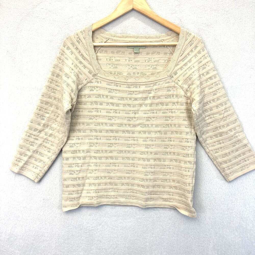 Ryegrass Pointelle Knit Nylon Sweater Top Beige Large‎ L 3/4 Sleeve Square Neck
